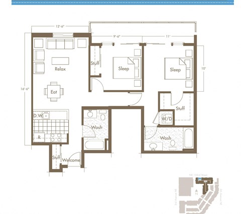 Floor plan for 2 beds, 2 baths, 949 sqft